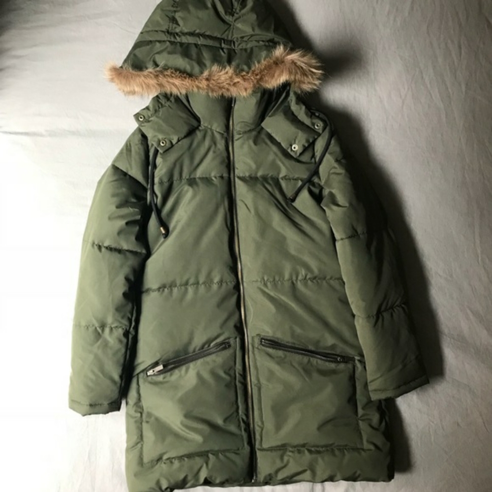 Olive Green Winter Coat with faux fur hood liner